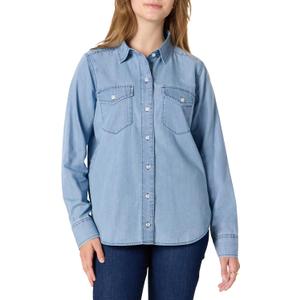 Amazon Essentials Women's Relaxed-Fit Denim Chambray Button-Down Long-Sleeve Shirt, Medium