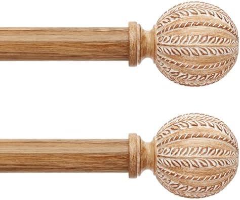 2 Pack Wood Curtain Rod for Windows 48 to 84 Inch, 1'' Diameter Adjustable Heavy Duty Rustic Farmhouse Drapery Rods with Boho Imitation Wooden Grain Decorative Finials, Size: 30''-88'' – Light Wood