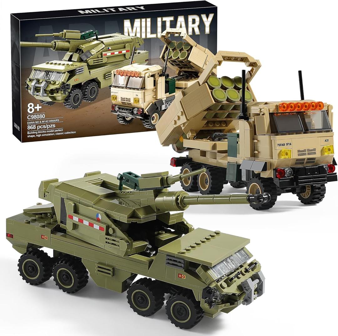 Military Vehicles Building Sets Compatible with Lego, Includes 2 Army Armored Trucks Toy Models - HIMARS Rocket Launcher & Dana M2 Howitzer, STEM Army Toys for Boys, Kids, and Teens Ages 8-14