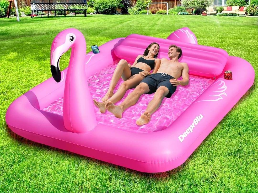 Luxury Flamingo Inflatable Tanning Pool for 2 Person, 81x60 inch Sunbathing Pool Lounger Float, Pink Blow Up Tanning Pool Suntan Tub, Tanning Water Bed with Cup Holder, Lounge Float for Adult