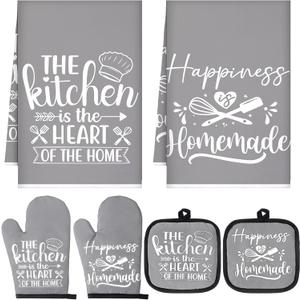 Sratte 6 Pcs Kitchen Decor Accessories Set Farmhouse Towels Pot Holders Oven Mitts Set 2 Dish Towels 2 Potholders 2 Cooking Mittens Oven Glove for Christmas Baking Cooking Supply(Gray,Kitchen)
