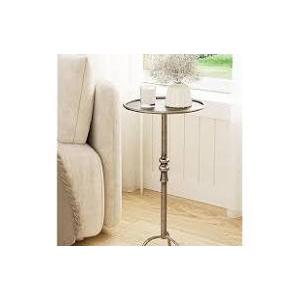 Brass Distressed Iron Round Pedestal End Table, 25 Inch Vintage Martini Cocktail Accent Table with Tray Top for Living Room, Bedroom 