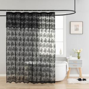 TUDECO Black Boho Shower Curtain 84 Inches Long - Whimsigoth Sheer Floral Lace Dark Shower Curtain with Attach Valance, Embroidered Scalloped Edges Reinforced Holes Top Bathroom Decor, 72 x 84 Inch