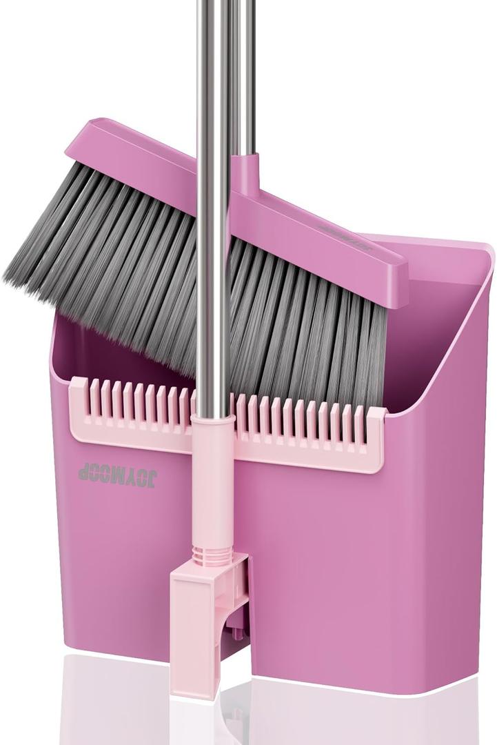 JOYMOOP Pink Broom and Dustpan Set, Upright Angle with Built-in Comb Teeth for Kitchen, Lobby, Pet Hair and Hard Floors (Lavender Pink & Sakura Pink)