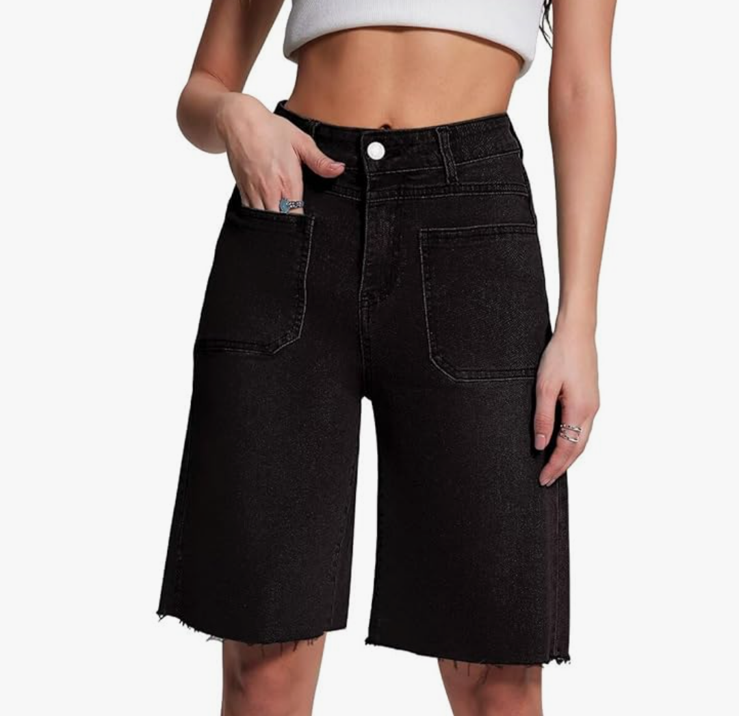 Allimy Womens Front Pockets Denim Long Shorts Jorts Cargo Baggy Bermuda Jean Shorts Knee Length, US 8