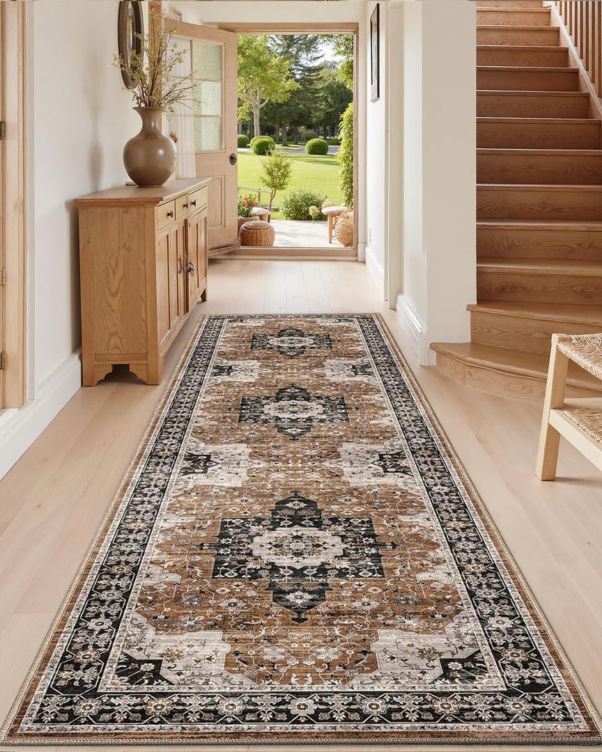 DEXI Hallway Runner Rug 3x7, Distressed Non Slip Runners Carpet, Boho Vintage Soft Thin Indoor Rug, Stain Resistant Washable Entry Mat for Entryway Kitchen Laundry Room Living Room, Brown