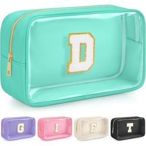 Initial Clear Makeup Bag, Birthday Gift Preppy Chenille Patch Cosmetic Bag, Initial Travel Essentials Beach Toiletry Pouch, Ideal Gift for Teachers & Moms, Women and Girls (Green, D) (Green)