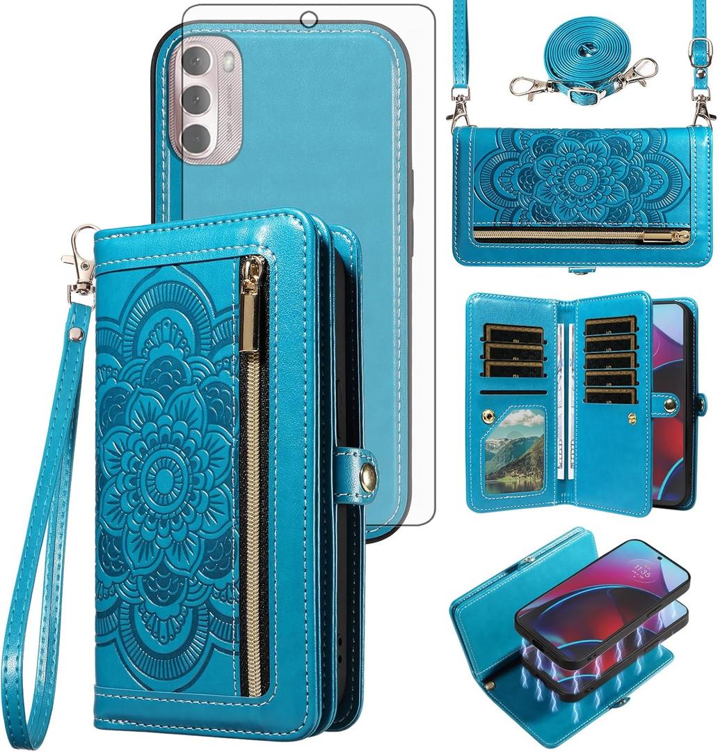 Asuwish Phone Case for Moto G Stylus 2022 4G Zipper Wallet Magnetic Detachable Cell Cover with Tempered Glass Screen Protector Strap Flower Card Holder Motorola GStylus XT2211DL XT2211 Women Rose Gold