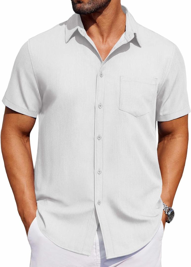 COOFANDY Mens Casual Button Down Shirt Short Sleeve Untucked Wrinkle Free Dress Shirt with Pocket, White, Medium