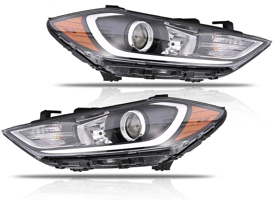 Headlight Assembly for 2017 2018 Hyundai Elantra (Not Fit GT Models), w/o DRL Halogen Headlamp with Blubs Clear Lens Black Housing Amber Reflector (Driver&Passenger Side), 1 Pair