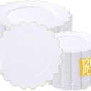 LIYH 120 Pcs White Plastic Scalloped Plates - Gold Fancy Disposable Plastic Plates Includes 60 Dinner 10.25" & 60 Dessert Plate 7.5" Elegant Gold Rim for Party Birthday Day