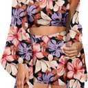 KEYUFANG Women 3 Piece Vocation Outfits Summer Suit Floral Kimono Cardigans Beach Cover Up Crop Cami Top Short Set (X-Large, Purple-flower)