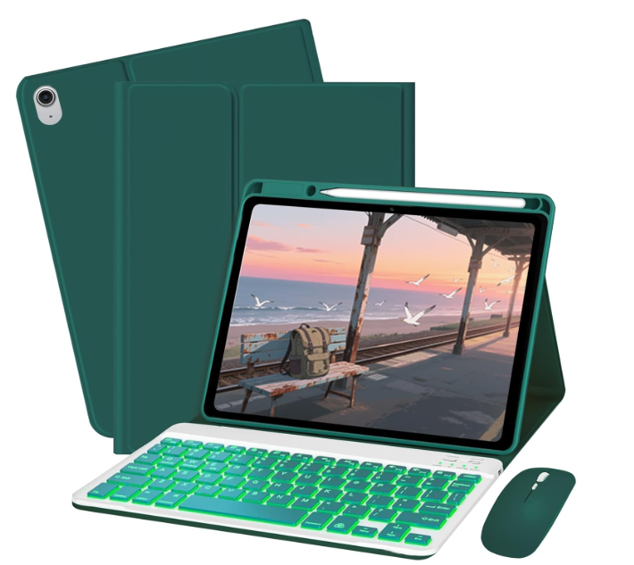 Bxomteng Keyboard Case for iPad 10th / A16 11th Generation 2022/20257 Colors Backlit Keyboard Cover and Mouse (Dark Green)