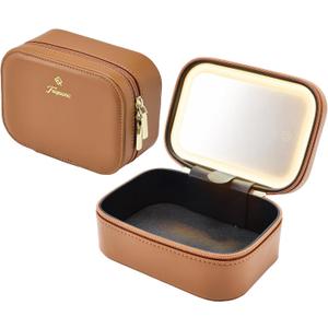 Faquenc Leather Travel Makeup Bag with LED Lighted Mirror Adjustable Brightness in 3 Colors Mini Cosmetic Bag Portable Makeup Pouch Travel Toiletry Bag for Women Instant Touch-up Vanity Brown