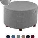 Round Ottoman Slipcover Polyester Blend Footstool Protector Covers Stretch with Elastic Bottom Feature Textured Machine Washable Jacquard Fabric (Gray, X-Large Size)