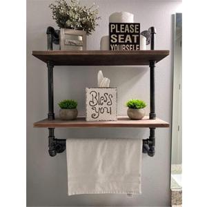 Industrial Pipe Shelf,2 Tiered Metal Towel Racks for Bathroom,20" Industrial Pipe Floating Shelves Shelving,Rustic Wood Wall Mount Shelf with Bar,Iron Towel Holder, Length 20" x Height 27" x Depth 7.87"