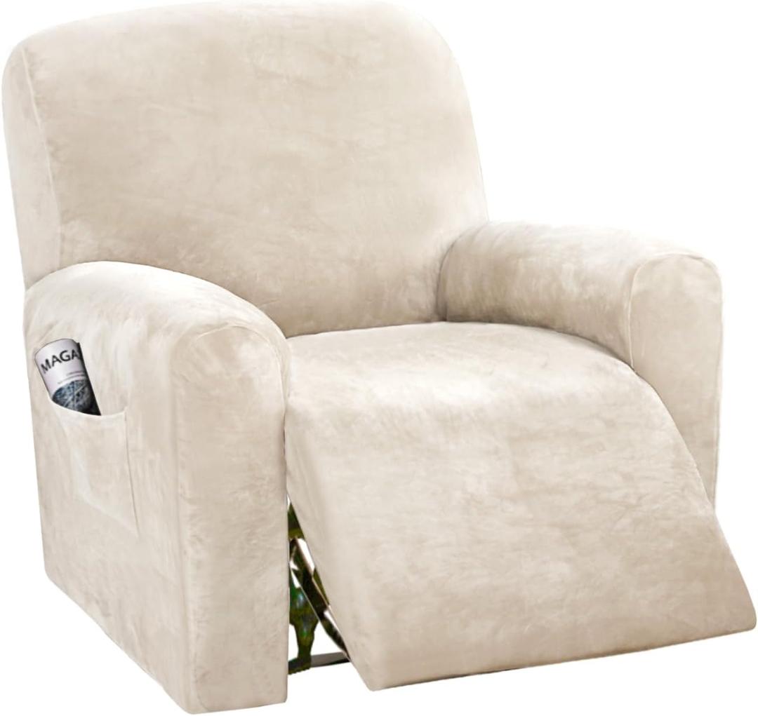 H.VERSAILTEX Velvet Stretch Recliner Couch Covers 4-Pieces Style Recliner Chair Covers for Reclining Chair Slipcovers Feature Non Slip Form Fitted Thick Soft Washable, Cream