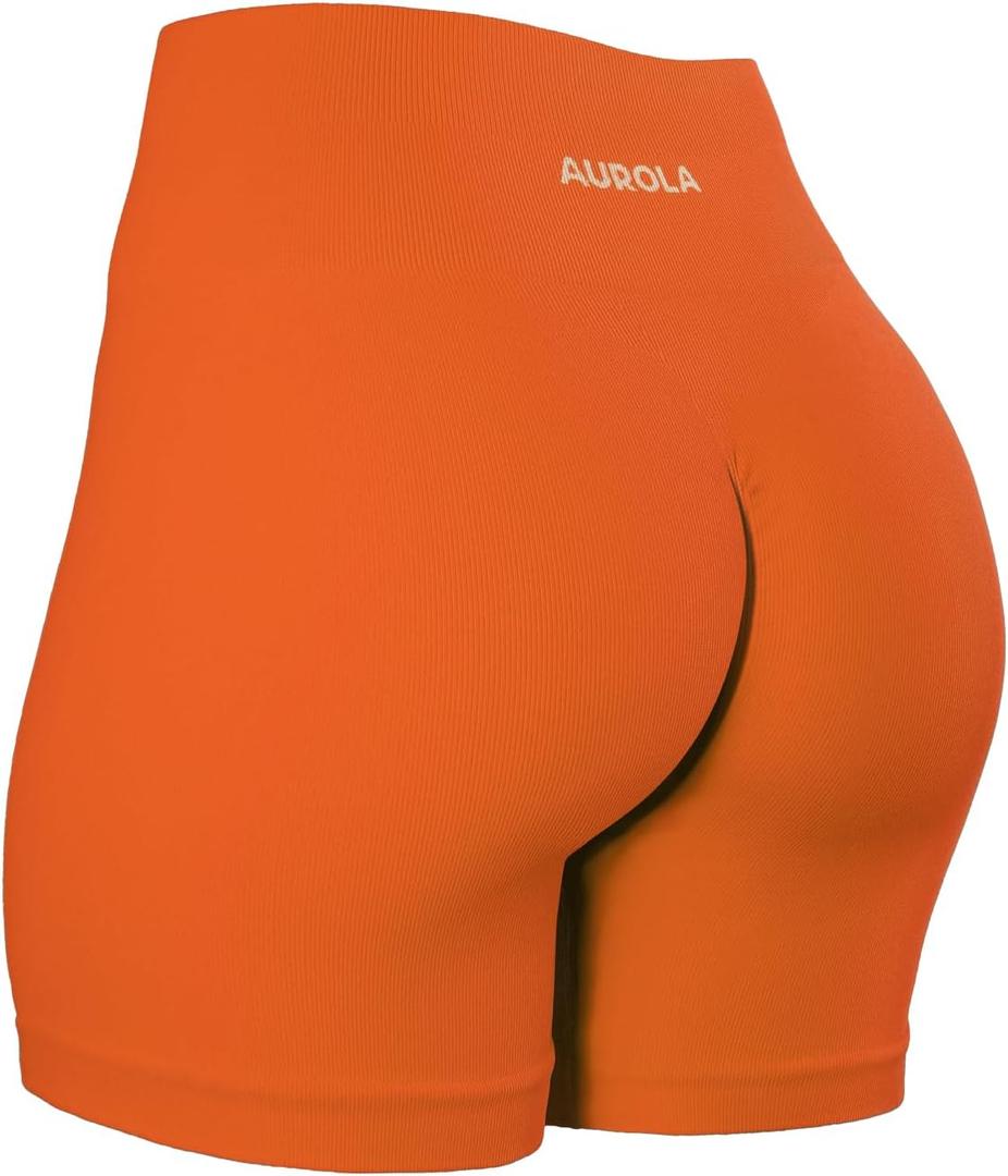 AUROLA Power Workout Shorts for Women Tummy Control Squat Proof Ribbed Thick Seamless Scrunch Active Short (Medium, Persimmon Orange)