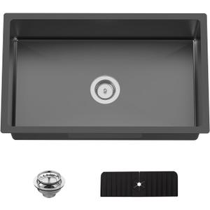 Black Kitchen Sink, 30x18 Inch Stainless Steel Undermount Modern Single Bowl Kitchen Sink Combo-Silicon Mat,Drain Strainer Set Offering Large Basin And Compatibility With Various Kitchen&Bar Style
