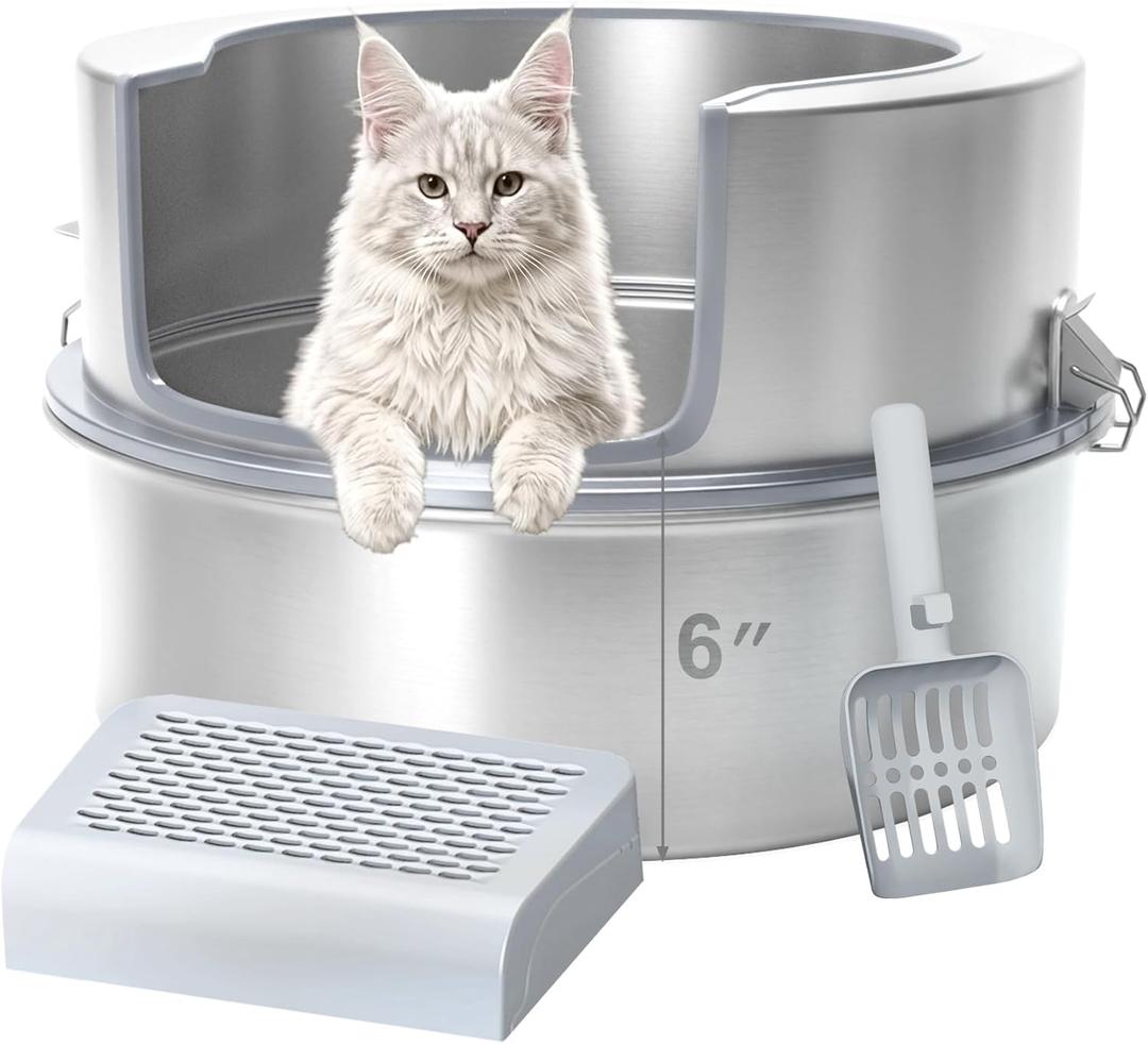 Stainless Steel Cat Litter Box with Lid, Extra Large 11.8" High Side Round Metal Litter Pan with Litter Scoop & Litter Box Step, Durable, Odor Control, Easy Clean for XL/XXL Big Cats & Multi-Kitty