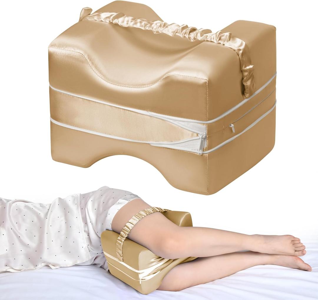 Knee Pillow for Side Sleepers with Champagne Satin Pillowcase- Adjustable Thickness Leg Pillow for Hip & Back Pain Relief, Spine Alignment Support, 11x8.5x7.5 Inch