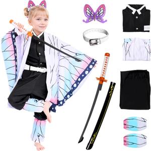 Kids Full Set Anime Kimono Halloween Cosplay Costume Uniform for girls（150) | with Sword Belt Leg Covers and Headwear