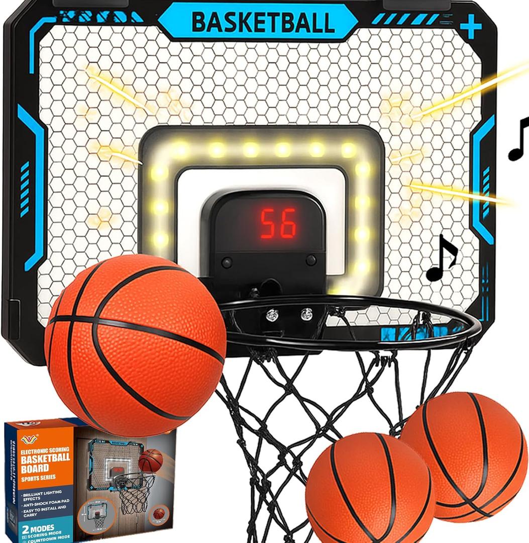 BATURU Basketball Hoop Indoor for Kids with LED Scoreboard  Over The Door Mini Basketball Hoop with Lights, Sound & 2 Game Modes  Includes 3 Balls, Pumps & Tools  Great Gifts for Boys Ages 5-12 (Blue)