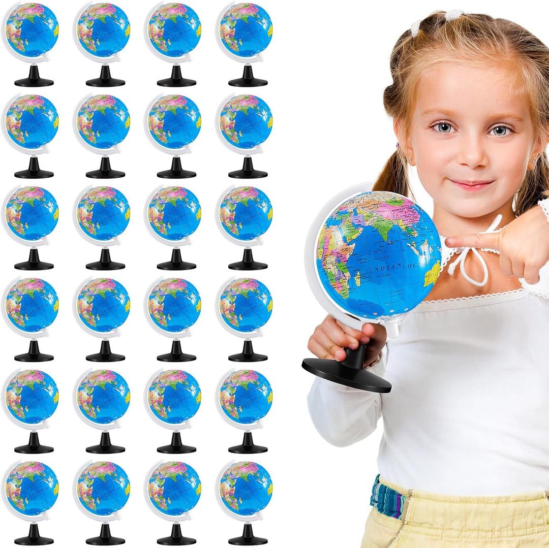 Henoyso 24 Pcs Mini World Globes for Kids Learning 3.4 Inches Rotating World Map Earth Globes Bulk with Stand for Classroom Table Decor Desk Centerpieces Decorative Geography Education, Blue