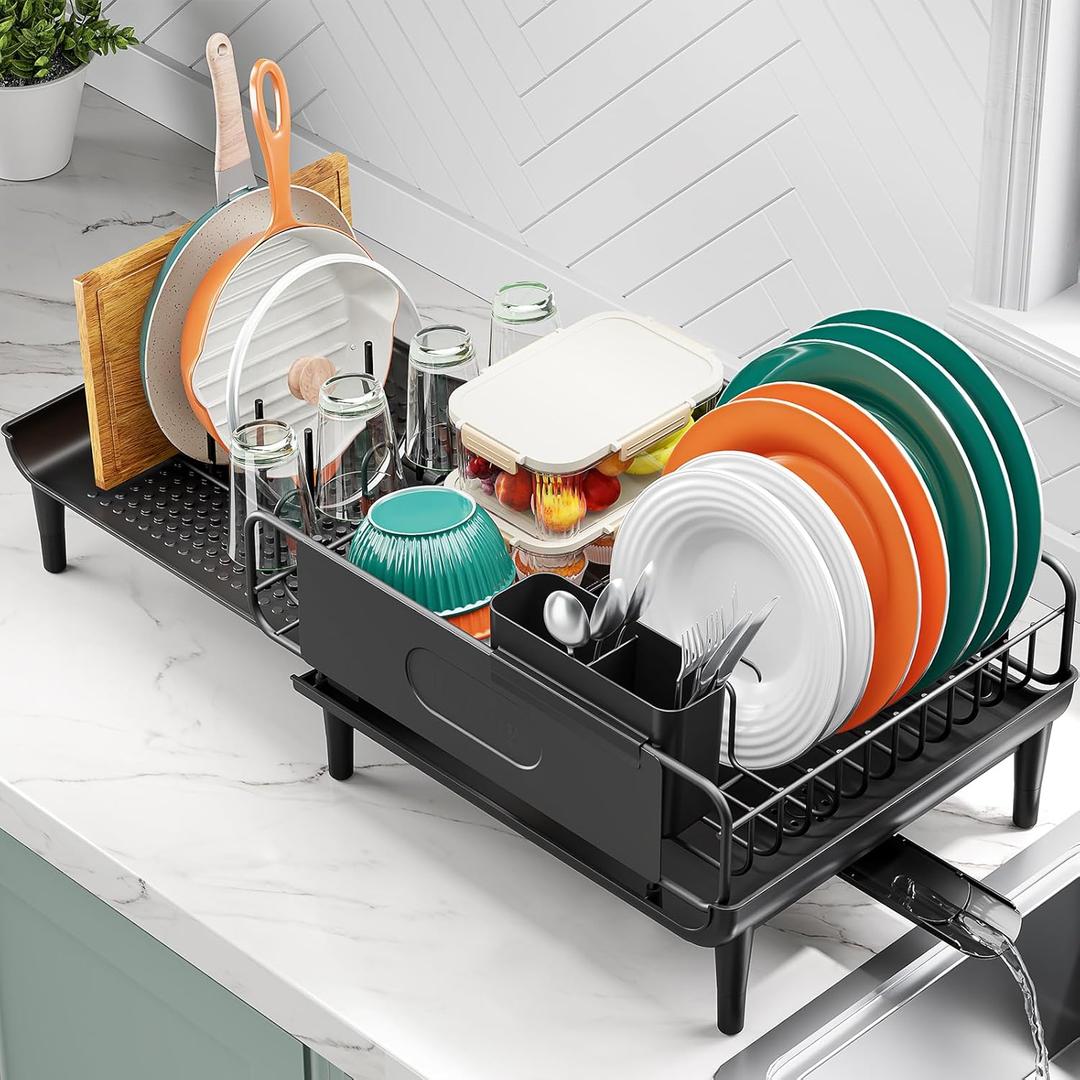 Large Extendable Dish Drying Rack, 16.93" to 26.57" Expandable Dish Rack for Kithen Counter, with Multifunctional Drainboard, Fits Any Sink, Heavy-Duty Steel Plate Drainer for Countertop Organization