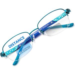 DEHOTRE Progressive Multifocal Reading Glasses Women No Line Bifocal Readers with Nose Pad Metal Half Frame Mid-Near Range, 1.5X