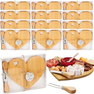 Patelai 12 Set Bridal Baby Shower Favor Heart Cheese Board with Knife, Wood Mini Charcuterie Board Thank You Gift Box for Guest Bridal Baby Shower Prize Wedding Valentines Birthday (Bamboo Color)