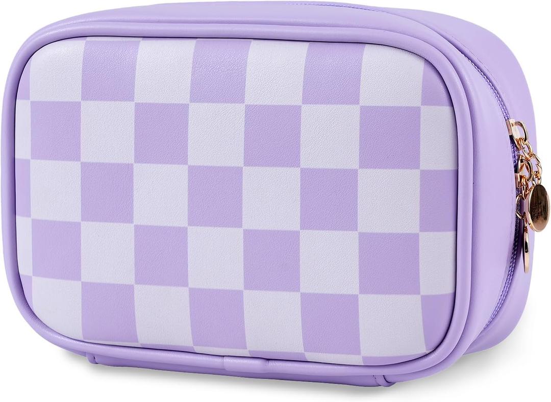 Travel Makeup Bag Cosmetic Bag for Women,Small Makeup Organizer Bag,Cute & Waterproof Vegan Leather Makeup Case with Multiple Compartments,Toiletry Bag for Cosmetics (PURPLE) (MEDIUM)