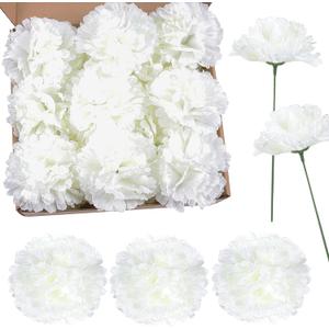 50 Pack Artificial Silk Carnation Picks, Artificial Flowers Carnation Heads with Stems for DIY Flower Wall Wedding Bouquets Centerpieces Arrangements Decorations -white01