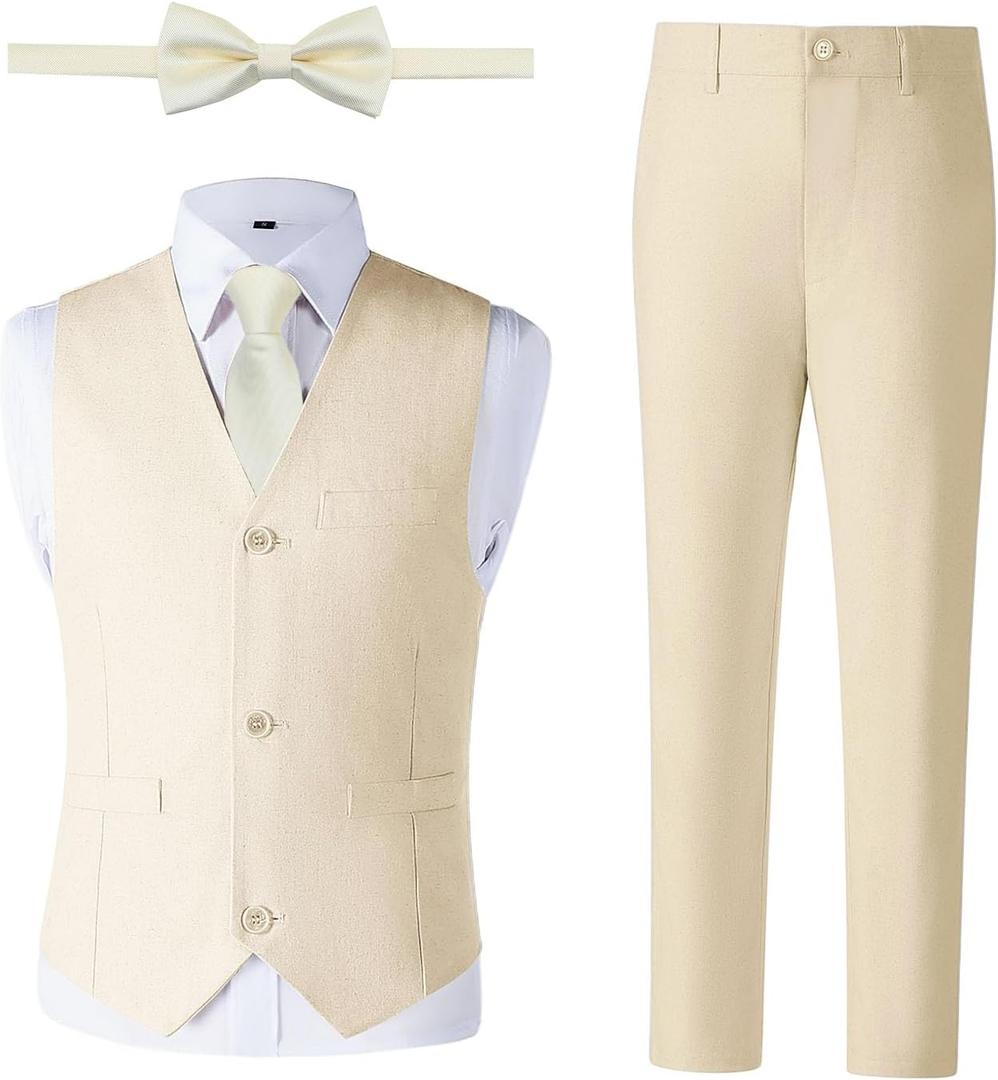 Boys Linen Suit, Toddler Wedding Tuxedos, Teens Boy Suits Set for Kids Beach Summer Outfits (7, Champagne)