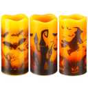 Retisee 3 Pieces Halloween Battery Operated Candles with Timer Real Wax Flickering Flameless Candles Witch Bats Castle LED Candles Electric Candles Halloween Table Decor LED Pillar Candles for Kids