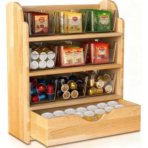 Tlence 4 Tier Wood Tea Bag Organizer, 15"x12.3"x4.5" Vertical Tea Storage Holder, Teabag Station Stand with 9 Plastic Box, Tea Packet Rack with Slide Drawer, Teabag Cabinet Shelf for Sugar and Creamer