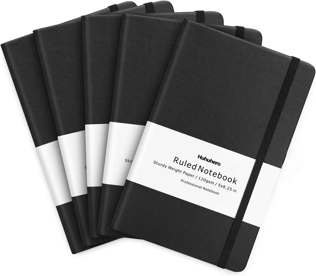 Huhuhero 5 Pack Lined Journal Notebook, Hardcover Notebooks for Work School, 5"8.25", 120Gsm Thick Paper Small Writing for Note Taking Office Home, Black