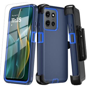 Qinmay Phone Case for Motorola Moto G 2025/Moto G Play 5G 2025 Case with HD Screen Protector, Heavy Duty Shockproof & Dropproof 3-Layer Cover Phone Case, BeltClip, Dark Blue