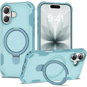 Compatible with iPhone 17 Case 6.3'' with Magnetic Ring Stand [Military Drop Protection][Compatible with MagSafe] Shockproof 17 Phone Case for Men Wowen,Cyan