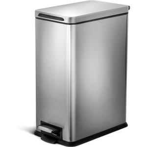 Home Zone Living 8 Gallon Slim Kitchen Trash Can with Soft Close Lid, Step Pedal, Bag Tuck Band, and Removable Liner, Stainless Steel, Silver