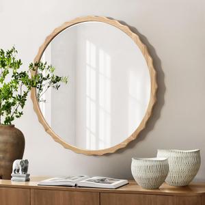 LuxenHome Wood Wall Mirror, 32" Round Mirror Natural Rubberwood Scalloped Frame, Wood Wall Decor Mirror for Bathroom, Entryway Living Room Decoration, Large Accent Mirrors