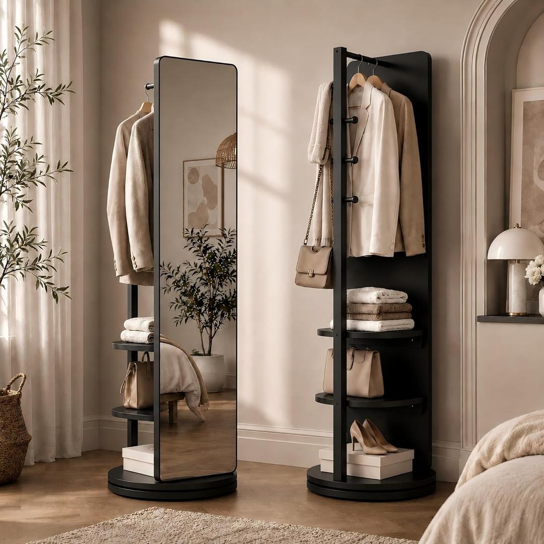 Movable Rotating Full Length Wood Floor Standing Dressing Mirror With Storage Space on Wheels Simple Modern Bedroom CYJ023