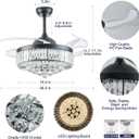 36'' Dimmable Fandelier Crystal Chandelier Ceiling Fan,Modern Black Retractable Ceiling Fan with Lights and Remote for Bedroom Living Room Dining Room
