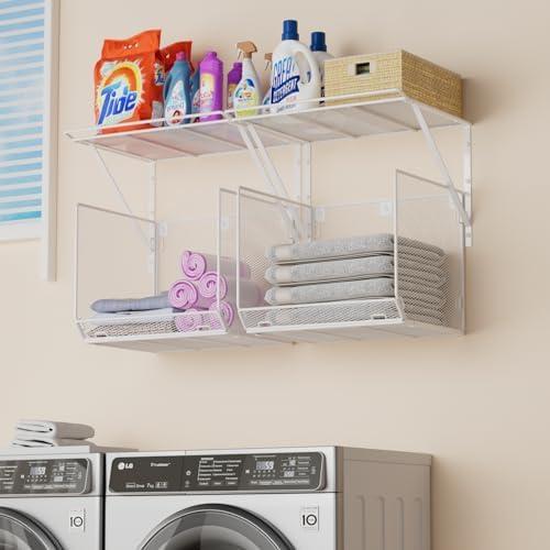 2 Pack Laundry Room Shelves Organization And Storage, Wall Mounted Clothes Drying Rack With Wire Mesh Basket Over Washer And Dryer, Large Capacity Floating Wall Shelf For Bathroom, Kitchen, Storeroom