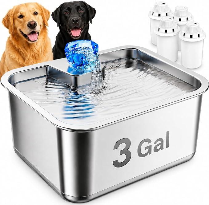 3Gal/15L Dog Water Fountain for Large Dogs, Stainless Steel Large Pet Drinking Fountain, Automatic Dog Water Bowl Dispenser with Deeper & Wider Drinking Area, Multi-Filtration, Ultra-Quiet