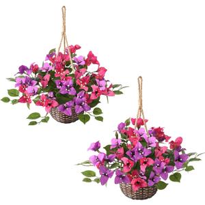 INQCMY Artificial Flower of Outdoor Bougainvillea 2 Pcs Uv Resistant No Installation Required Fake Hanging Basket Plants Suitable for Front Door Porch Courtyard Garden (Light Lotus Rose Red)