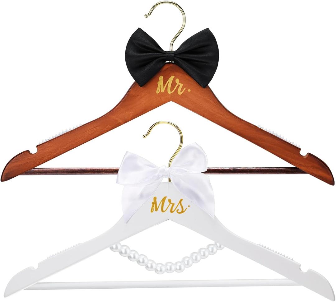 2 Pcs Bride Hanger Bride and Groom Wooden Wedding Dress Hanger Set with Bow Tie for Tuxedo Suit Wedding Gift Bridal Party Shower