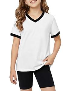 Poroka Girls Short Sleeve Shirt V-Neck Tee with Ribbed Trim Plain T-Shirts Soft Fashion Summer Tops for Girls, 7-14 Years White