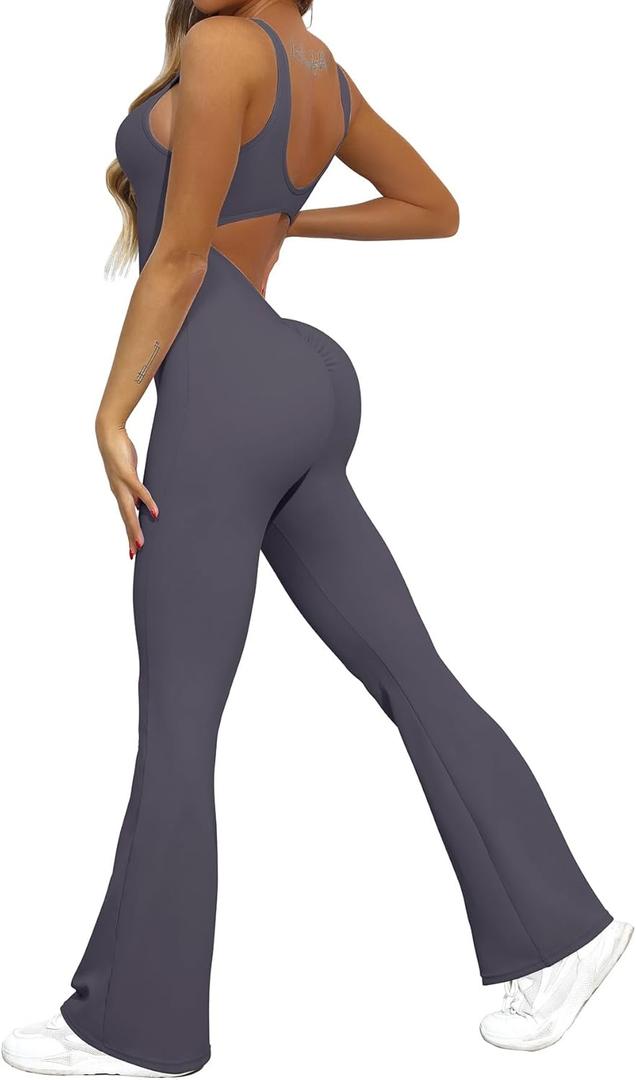 OVESPORT Workout Flare Jumpsuits Women Sexy Scrunch Butt Yoga Romper Backless Gym Bodycon V Back Seamless Unitard Playsuit (Large, Dark Grey) OVESPORT Workout Flare Jumpsuits Women Sexy Scrunch Butt Yoga Romper Backless Gym Bodycon V Back Seamless Unitard Playsuit (Large, Dark Grey)