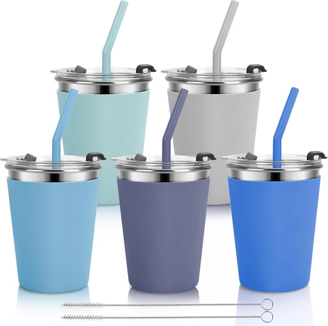 Kids Cups with Straws and Lids, 5 Pack 12oz Spill Proof Toddlers Straw Cup with Lid, Stainless Steel Kid Cups with Lid for School, Outdoor, Multicolor (Dark Gray, Gray, Dark Blue, Blue, Green)